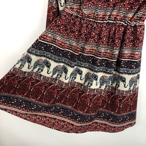 Live 4 Truth Long Sleeve Boho Elephant Print Dress Fall Burgundy Blue Cream - Picture 6 of 13